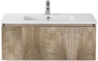 BES LED Frozen 3D Badmeubelset 100 cm - Greeplijst in Kleur - Grain Oak - Keramische Wastafel Wit 1 Kraangat