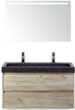 BES LED Dante Badmeubelset 100 cm - Craft Oak - Wastafel Hardsteen Wit Lucca 2 Kraangaten met Sence Spiegel