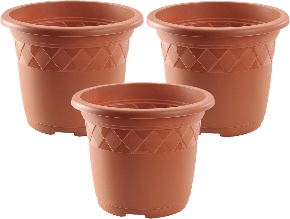 Hega hogar Set van 3x bloempot/plantenpot terra cotta rond kunststof 30 cm - Buiten gebruik