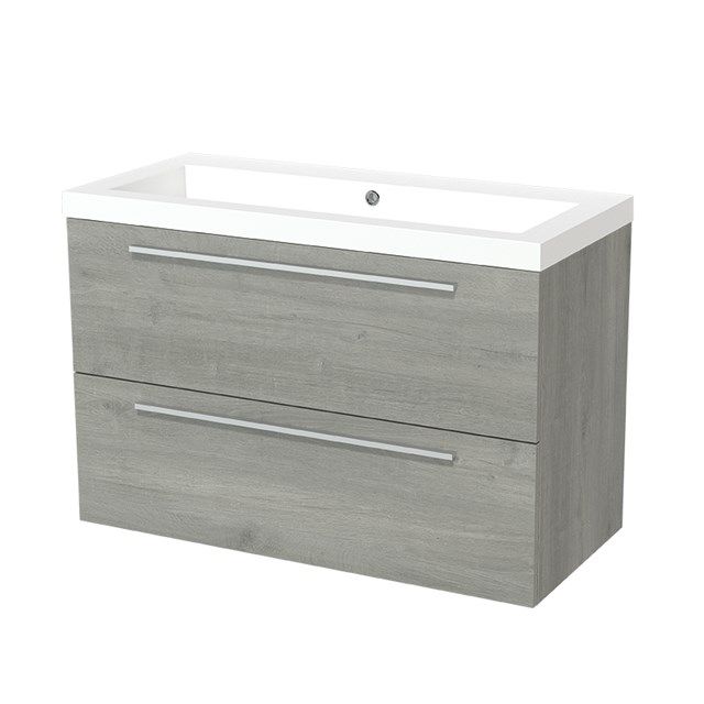 Maxaro Badkamermeubel 100cm Modulo Grijs Eiken 2 lades Vlak Wastafel Mineraalmarmer