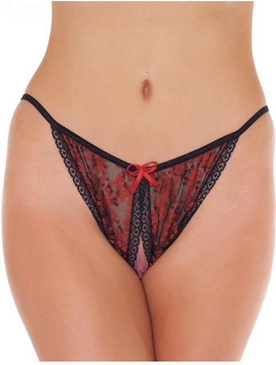 Amorable - Tanga Slipje Met Open Kruis - Rood/Zwart - One Size