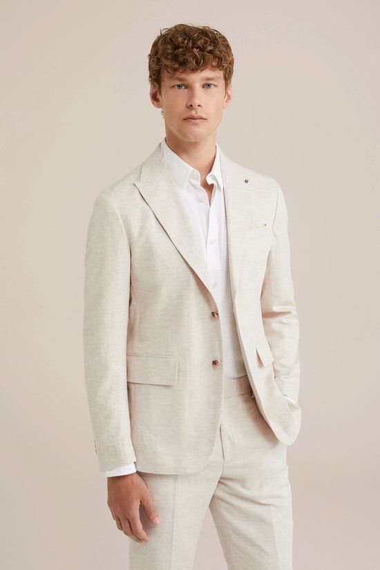 WE Fashion Heren blazer van linnenmix met visgraatpatroon Beige L (52)