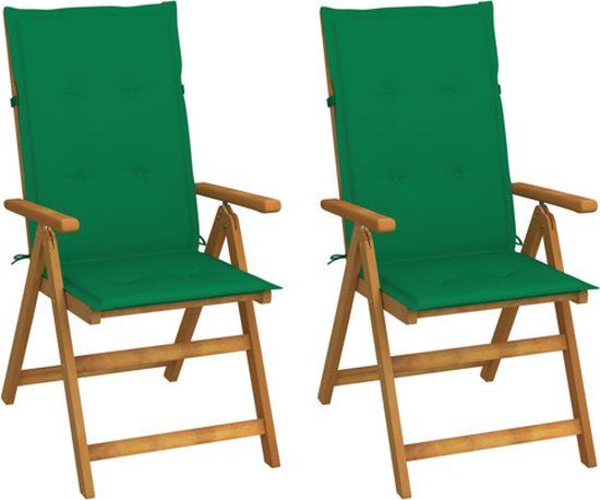 vidaXL Verstelbare Tuinstoelen (2 stuks) met Kussens, Massief Acaciahout, Groen