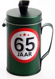 Shoppartners Spaarpot - 65 jaar geworden thema - verjaardag cadeau - Blik met sticker van 9 cm - blik in groen