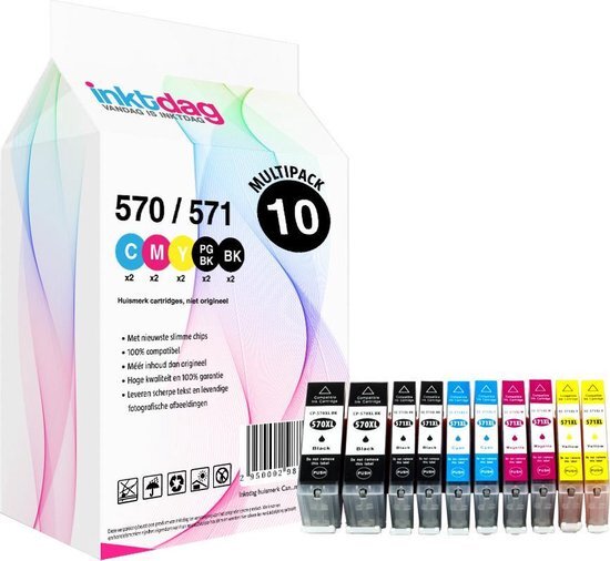 inktdag huismerk Canon inktcartridge 570 en 571 XL multipack van 10 stuks 2* 570 XL PGBK zwart 2 CLI571XL BK zwart 2 CLI-571C XL 2 CLI-521M XL 2 CLI-571Y XL met chip