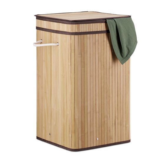 Relaxdays vouwbare wasmand bamboe met hengsel - 70 L waszak vouwbaar - draagbaar wasbox natuur