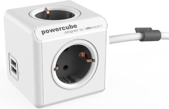 Allocacoc PowerCube Extended USB - Grijs - 4 stopcontacten - 2 USB poorten