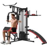 Station de musculation avec poids de 65 kg, équipement de musculation avec banc pour abdominaux, noir et rouge