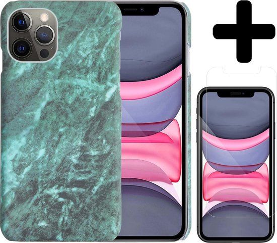 LUQ iPhone 11 Pro Max Case - Marble Design - Green - with Screen Protector