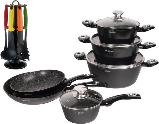 Cheffinger Pannenset - 10-Delig - Zwart - Met Glazen Deksel - Gemengde Pannenset