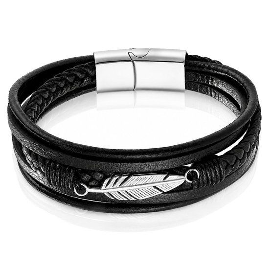 Mendes Jewelry Heren Armband - Stoer Zwart Leder met Bladvormige Stalen Bedel - Zilver-21cm
