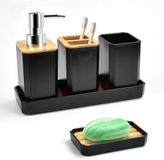 ADERTOS badkameraccessoireset 5-delig bamboe en PS tandenborstelhouder, tandenborstelbeker, zeepdispenser, zeepbakje, make-upbakje zwart decoratieve badkameraccessoires badkamerset voor badkamer, wastafel