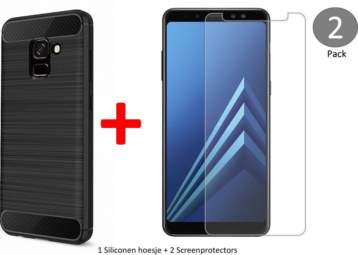 iCall Geborsteld Hoesje voor Samsung Galaxy A8 2018 Soft TPU Gel Siliconen Case Zwart + 2x Tempered Glass Screenprotector Transparant