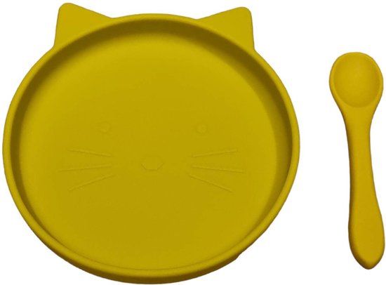 JU&MP Bord Zuignap Poes met Babylepel - Mango - Onbreekbaar Kinderbord - Baby Kinderservies