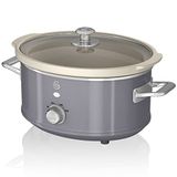Swan Retro SF17021GRNENEW kookpan, 3,5 l, afneembare container, anti-aanbaklaag, PFOA en PTFE-vrij, 3 temperatuurniveaus, glazen deksel, slow cooker, vintage design, grijs, 200 W