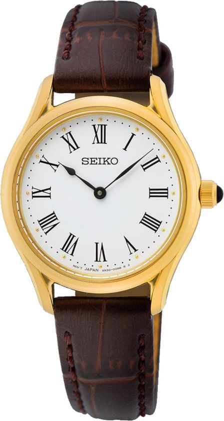 Seiko SWR072P1 Dames Horloge - Wit - Goudkleurig - Bruin Leer - Saffierglas - 29 mm