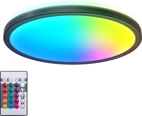 B.K.Licht I RGB LED plafondlamp rond I LED paneel ultra flat I kleurwissel I RGBW plafondlamp dimbaar I indirecte verlichting I afstandsbediening I zwart