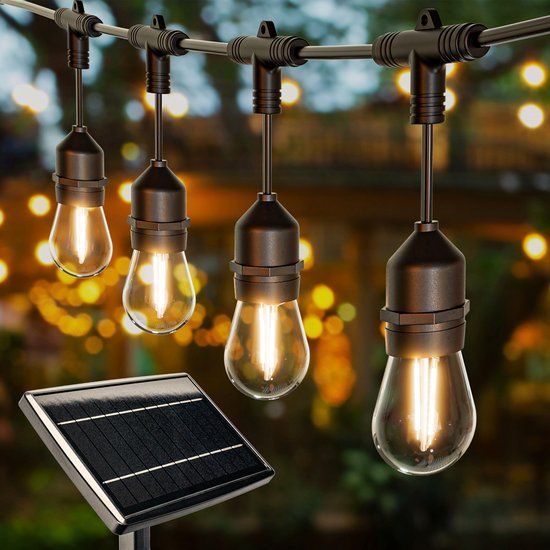 HOFTRONIC Solar Lichtsnoer Buiten 14,6 meter met 15 filament lampjes en 4 lichtstanden - IP65 waterdicht - 2700K warm wit licht - Schemerschakelaar - 15W 600lm - E27