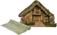 Merkloos / Sans marque Lege kerststal - L50 x B22 x H31 cm - incl. gras ondergrond/achtergrond - besneeuwd