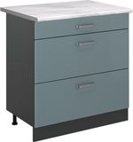 Vicco Keukenonderkast R-Line, Blauw-grijs/Antraciet, 80 cm met 3 laden marmer werkblad
