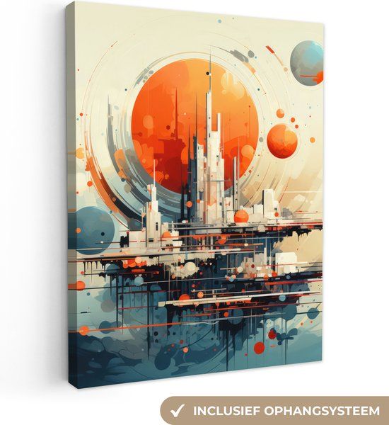 OneMillionCanvasses Canvas schilderij 120x160 cm - Retro Gebouwen - Oranje - Muurdecoratie