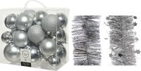 Kaemingk B.V. Décoration de Noël boules de Noël en plastique 6-8-10 cm avec guirlandes en aluminium argent de 28x pièces