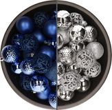 Bellatio Decorations Kerstballen - 74 stuks - Kunststof - Kobaltblauw/Zilver - 6 cm