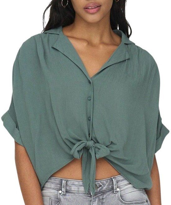ONLY ONLPAULA LIFE S/S TIE SHIRT WVN NOOS Dames Blouse - Balsam Green - Maat S