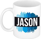 Bellatio Decorations Bol Jason naam cadeau koffie mok - beker - met blauw verfstrepen - Cadeau collega - vaderdag - verjaardag - meester - coach - 300 ml - wit