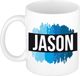 Bellatio Decorations Bol Jason naam cadeau koffie mok - beker - met blauw verfstrepen - Cadeau collega - vaderdag - verjaardag - meester - coach - 300 ml - wit