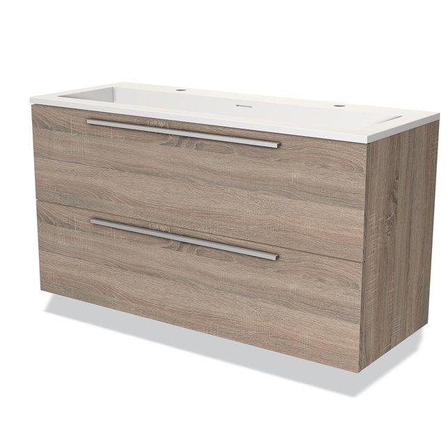 Maxaro Badkamermeubel 120cm Modulo Eiken 2 Lades Vlak Wastafel Solid Surface