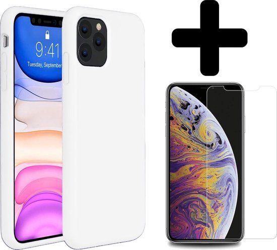 iPhone 11 Pro Max Hoesje - Siliconen Case met Screenprotector - Wit