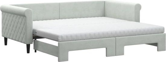vidaXL Slaapbank met onderschuifbed en matrassen - Fluweel - Lichtgrijs - 100x200cm