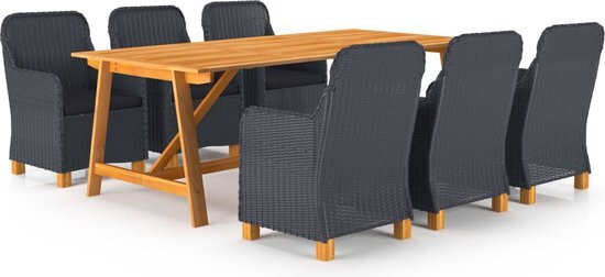 The Living Store Tuinset - Acaciahout - PE-rattan - Donkergrijs - Zwart - 206x100x74 cm - Set van 1 tafel - 6 stoelen en 6 kussens