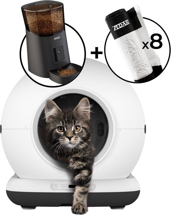 Zedar Automatische Kattenbak - Zelfreinigende Kattenbak - Met kattenbakmat, 8 rollen opvangzakjes en Zedar A900 voerautomaat