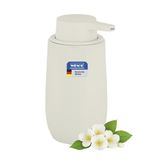 WENKO Fablo Zeepdispenser van keramiek, geribbeld, vrijstaand, 400 ml, pomp voor badkamer, gastentoilet of keuken, geschikt voor vloeibare zeep en vaatvloeistof, mat crème