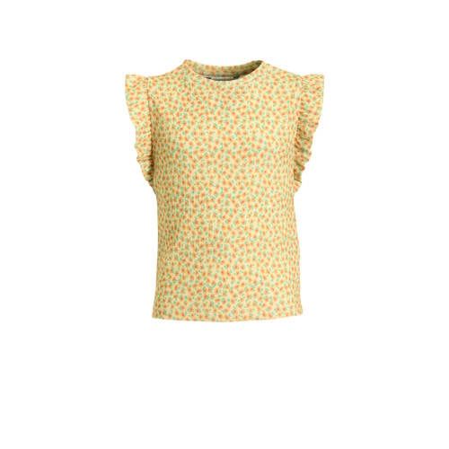 Anytime crinkle top met ruffles bloemenprint geel