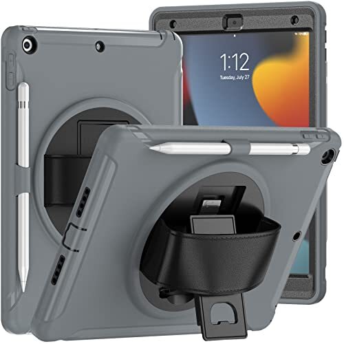 yeliot Amazon-merk - hoesje voor iPad 10.2 inch 2021/2020/2019 9e/8e/7e generatie zware schokbestendige robuuste hoes met potloodhouder 360 ° roterende standaard/handriem volledig beschermend