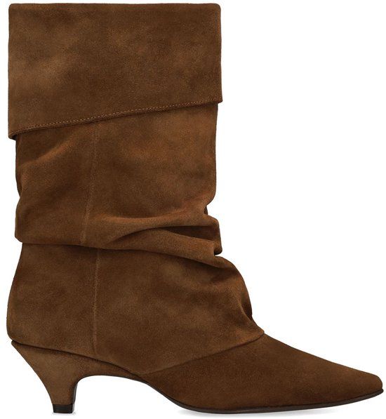 Manfield Dames Cognac suède enkellaarsjes met hak - Maat 42