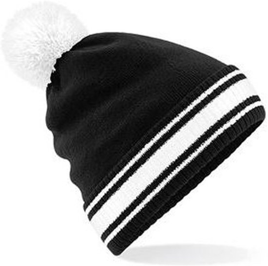 Beechfield Zwart/witte beanie muts met pompon voor dames