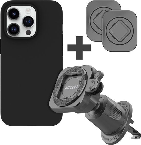 Accezz EasyLock telefoonhouder auto - inclusief hoesje voor de iPhone 14 Pro - Ventilatierooster - 360 graden draaibaar - Zwart