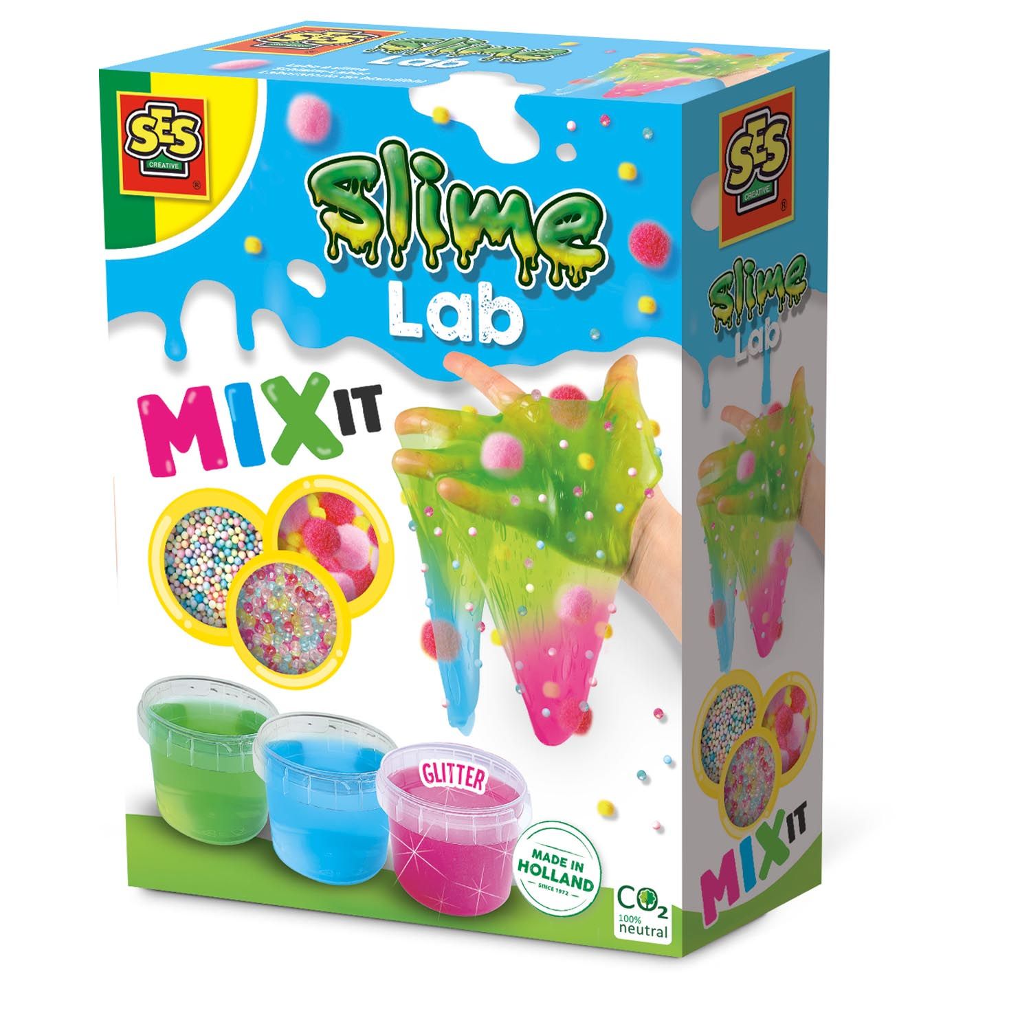 SES Creative Slime Lab - Mix It - Slime Set with 3 Colors, Balls, Pom-poms & Beads