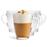 Glasmark Krosno 1992 Glazen voor Koffie, Thee, Water, Sappen en Cocktails 350 ml - Set van 4 Stuks - Glazen Mokken met Handvat - Transparant, Geribbeld - Set Glazen voor Thuis en Horeca