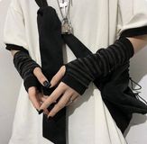 New Age Devi - Grijs-zwart gestreepte, lange vingerloze handschoenen - Gothic, Punk & Alternatief