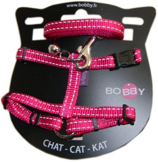 Bobby Tuig en Looplijn voor Kat Nylon Reflecterend Fuchsia 25-38x1 cm