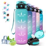 Drinkfles 1 liter waterfles met rietje, motiverende waterfles met tijdschaal, gemakkelijk te reinigen, motiverende slogans voor camping, yoga, groen-roze