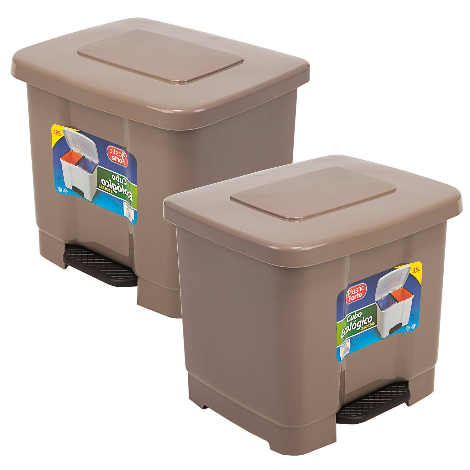 Forte Plastics 2x stuks dubbele afvalemmer/vuilnisemmer 35 liter met deksel en pedaal - Taupe- vuilnisbakken/prullenbakken - Kantoor/keuken