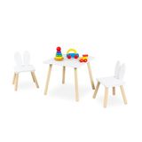 Relaxdays houten kindertafel met 2 stoeltjes, konijnenoren, 44x50x50 cm, wit-natuur