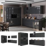 Vicco Complete keukeneenheid Fame-Line, Antraciet Hoogglans/Antraciet, 460 cm, WB Eik