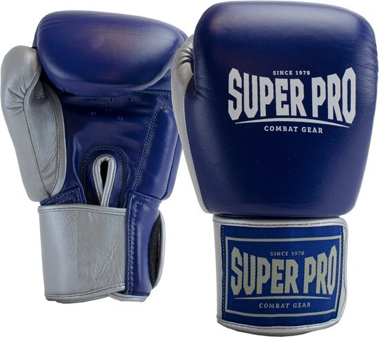 Super Pro Combat Gear Enforcer Lederen (Thai)Bokshandschoenen - Blauw/Zilver/Wit - 12 oz